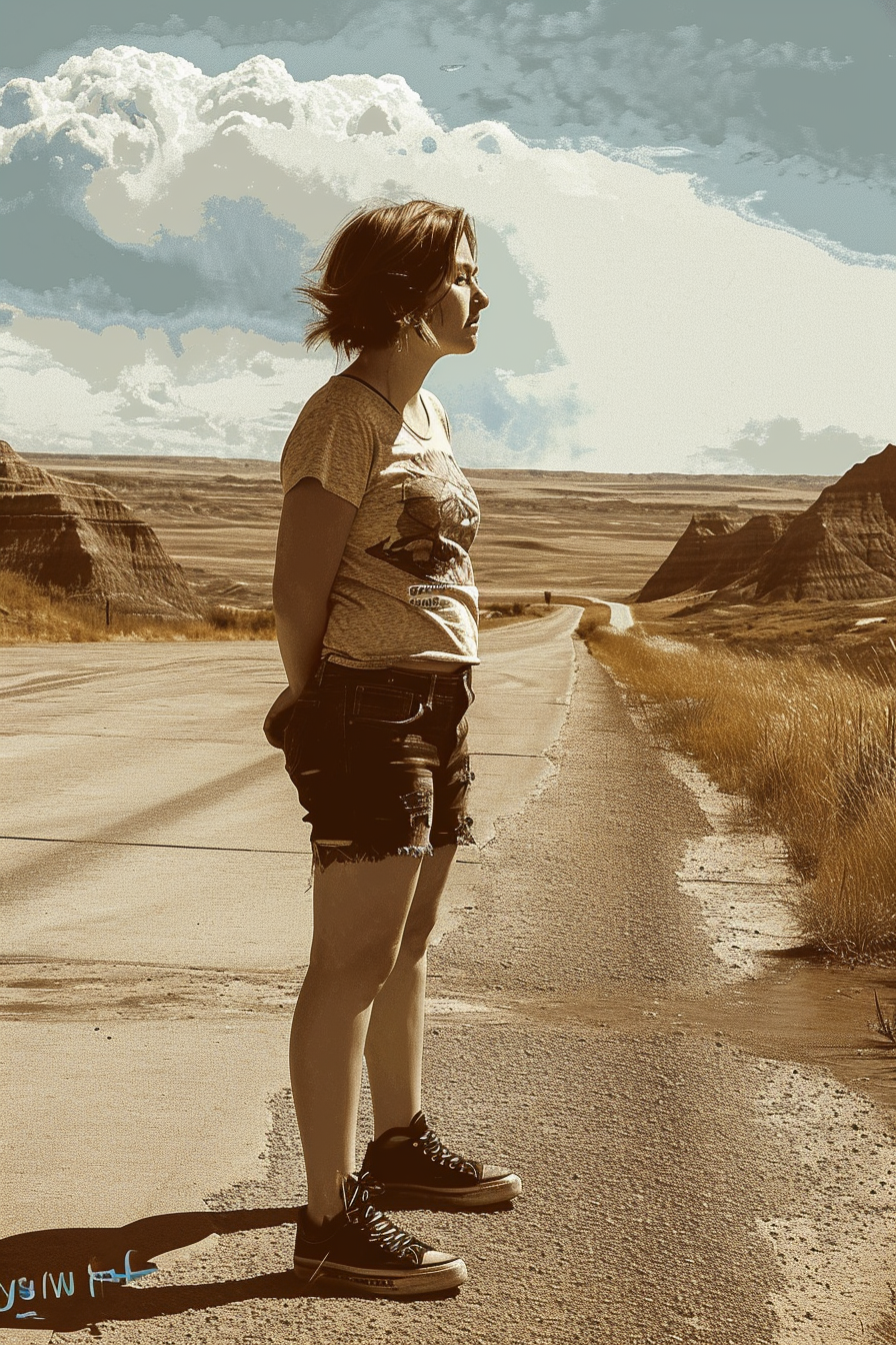 Pretty fat girl with confused expression standing on roadside in Badlands