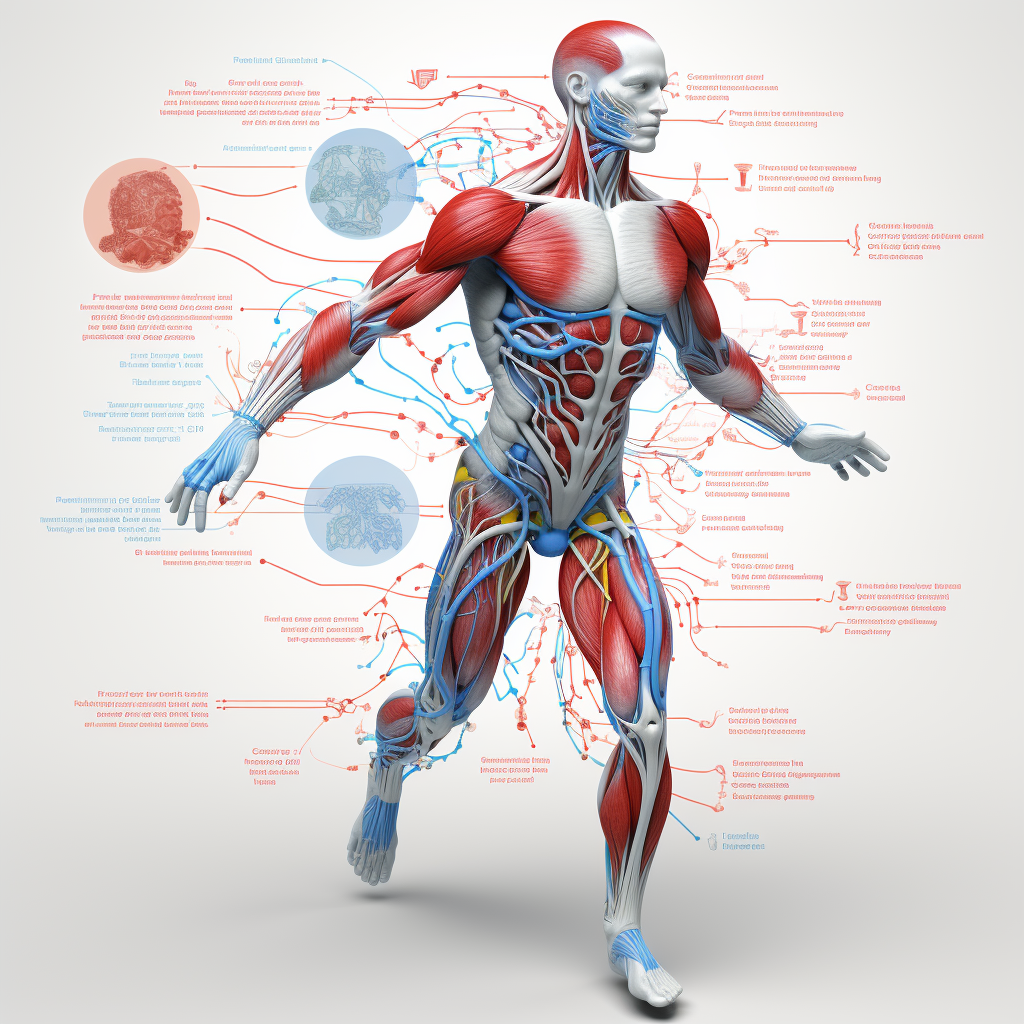 Strong human body surrounded by metabolic pathways