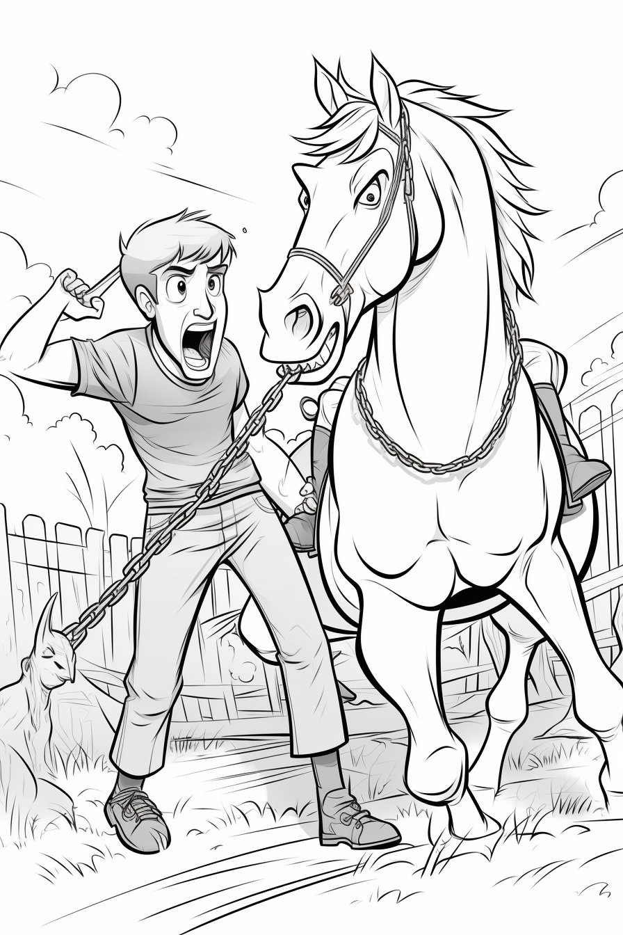 Country boy chains huge furious horse cartoon