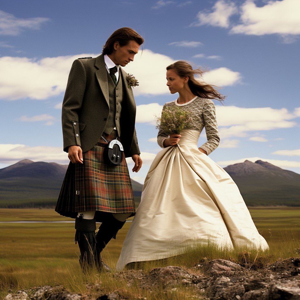 Fashionable couple in Scottish highlands