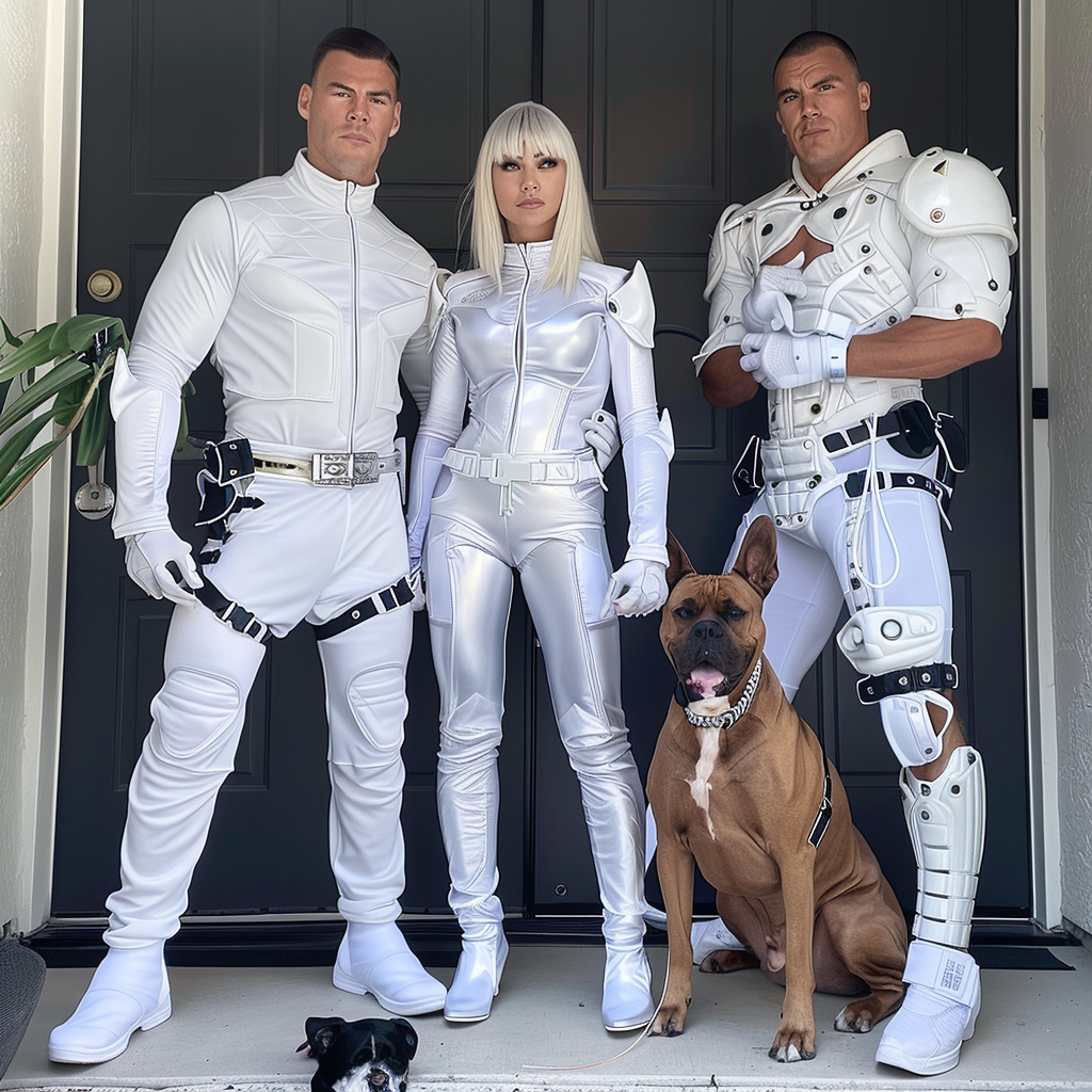 Couple and Dogs in Halloween Costumes