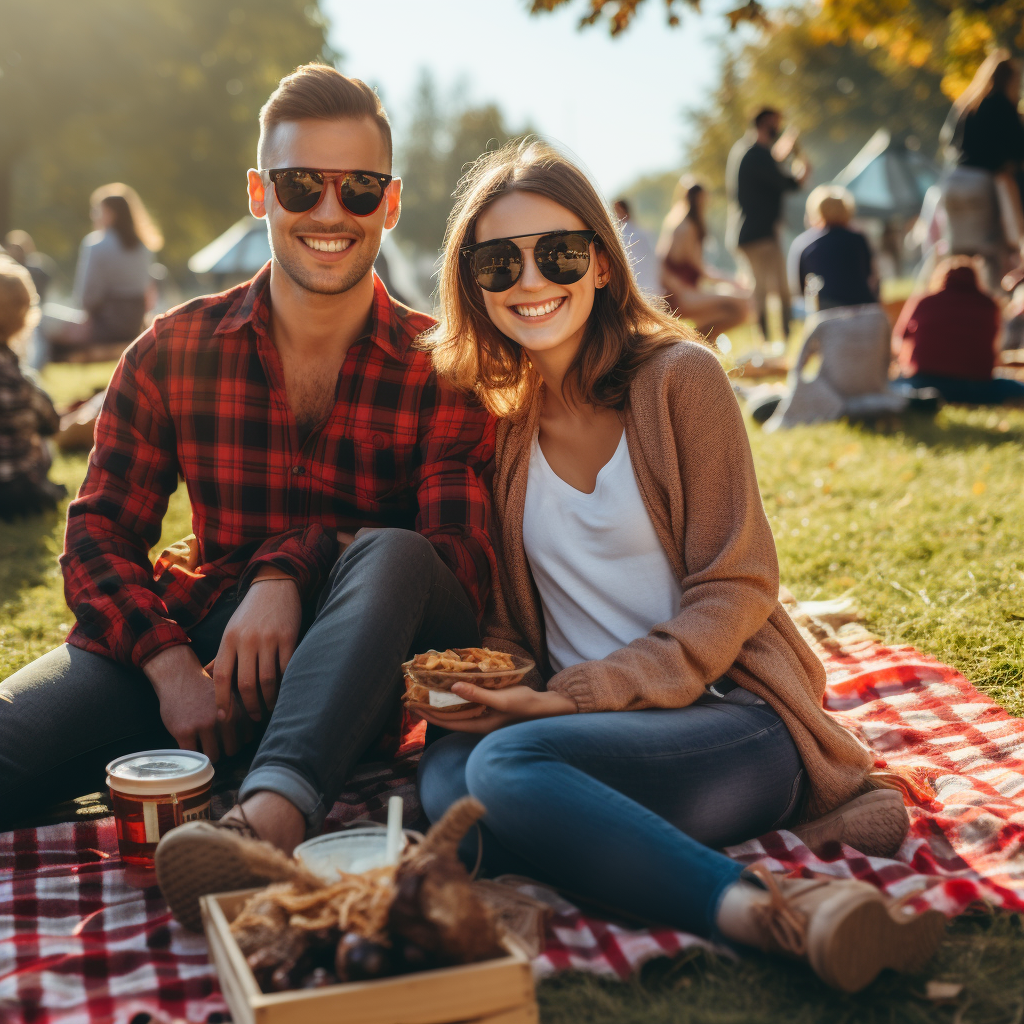 Couple on picnic date wearing masks