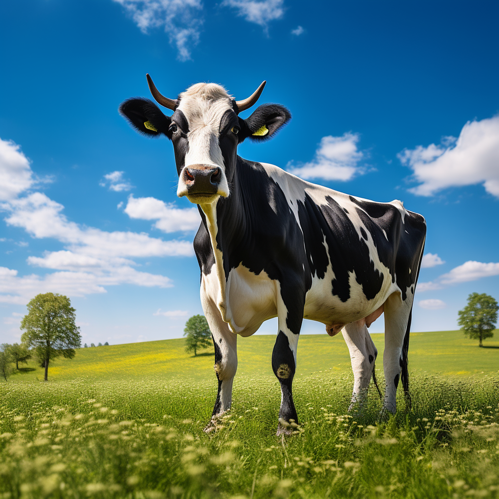 Cow on Grassfield with Blue Sky and Trees