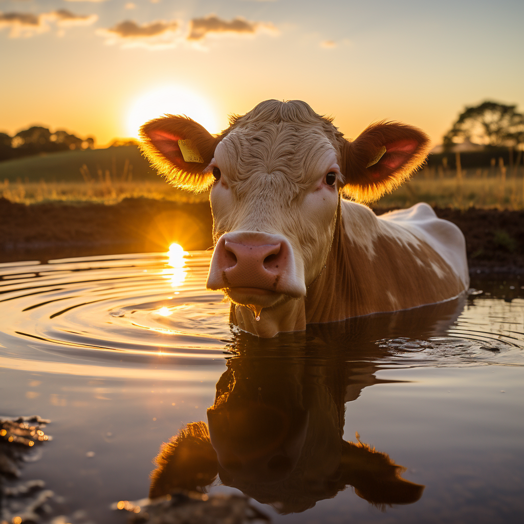 Cow reflection in farm pond at sunset