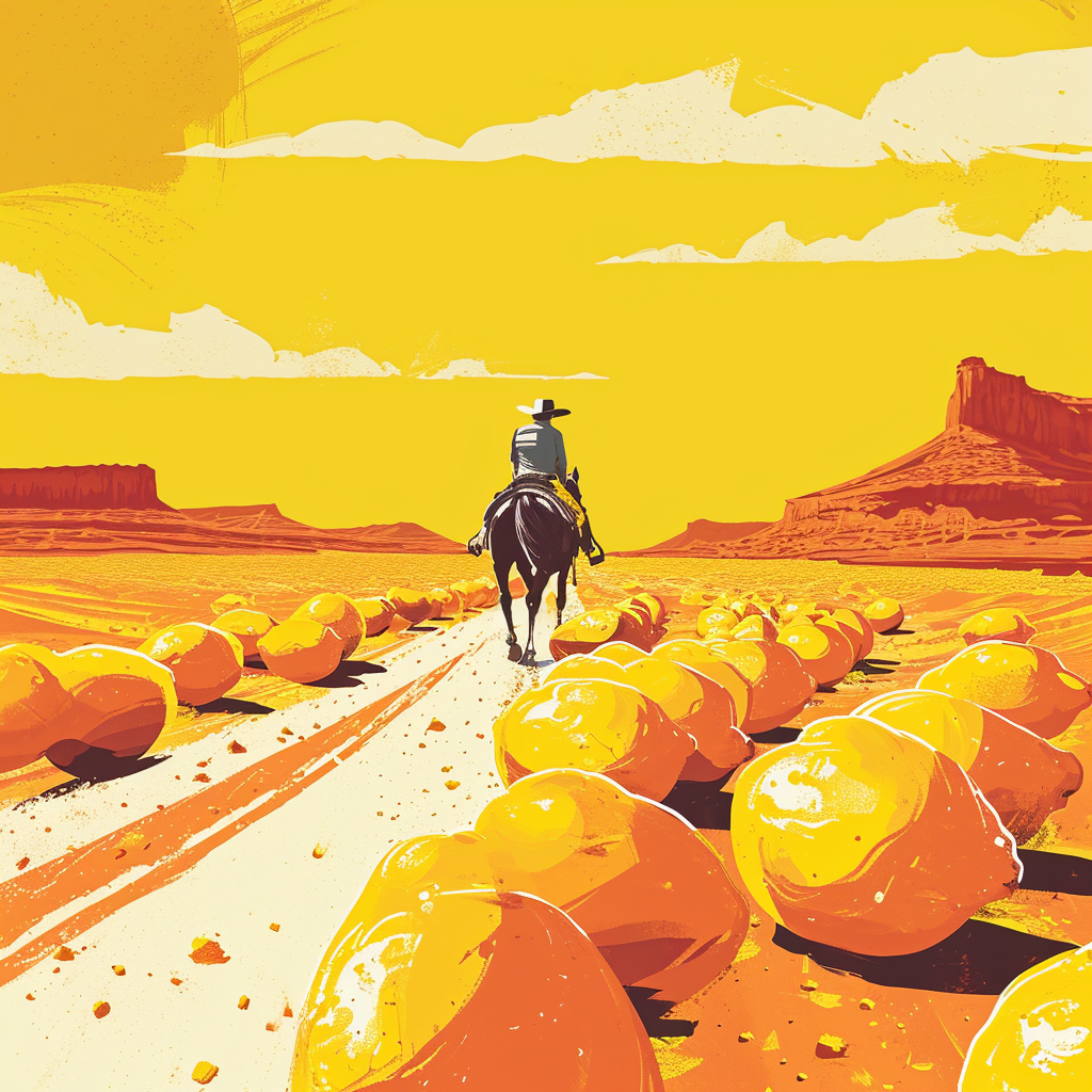 Cowboy riding horse herding lemons