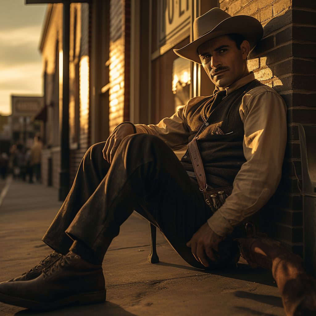 Sheriff Bat Masterson cleaning gun outside Dodge City office