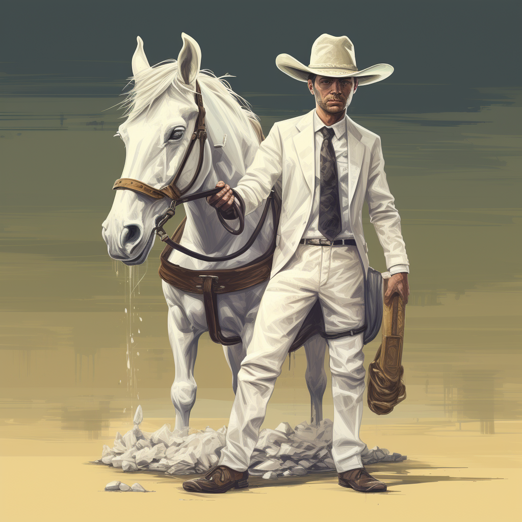 Cowboy in White Suit with Mud-Covered Donkey