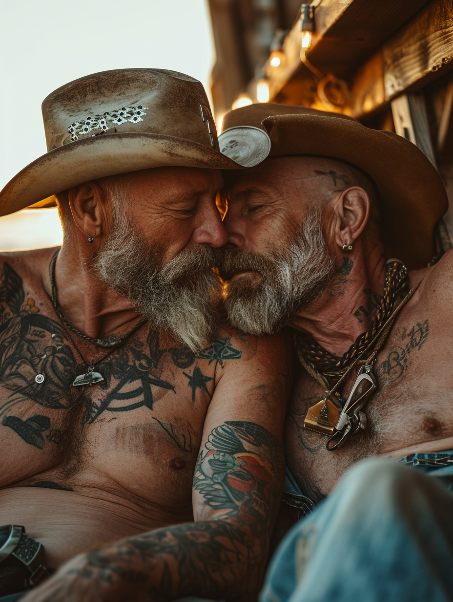 Muscular cowboys kissing passionately by cafe lights