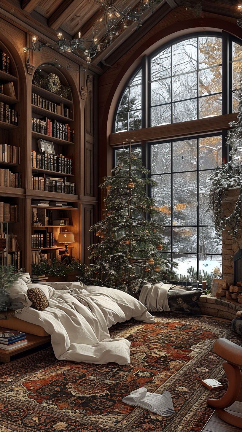 Cozy bedroom peaceful snow nightday Korea style bookshelf