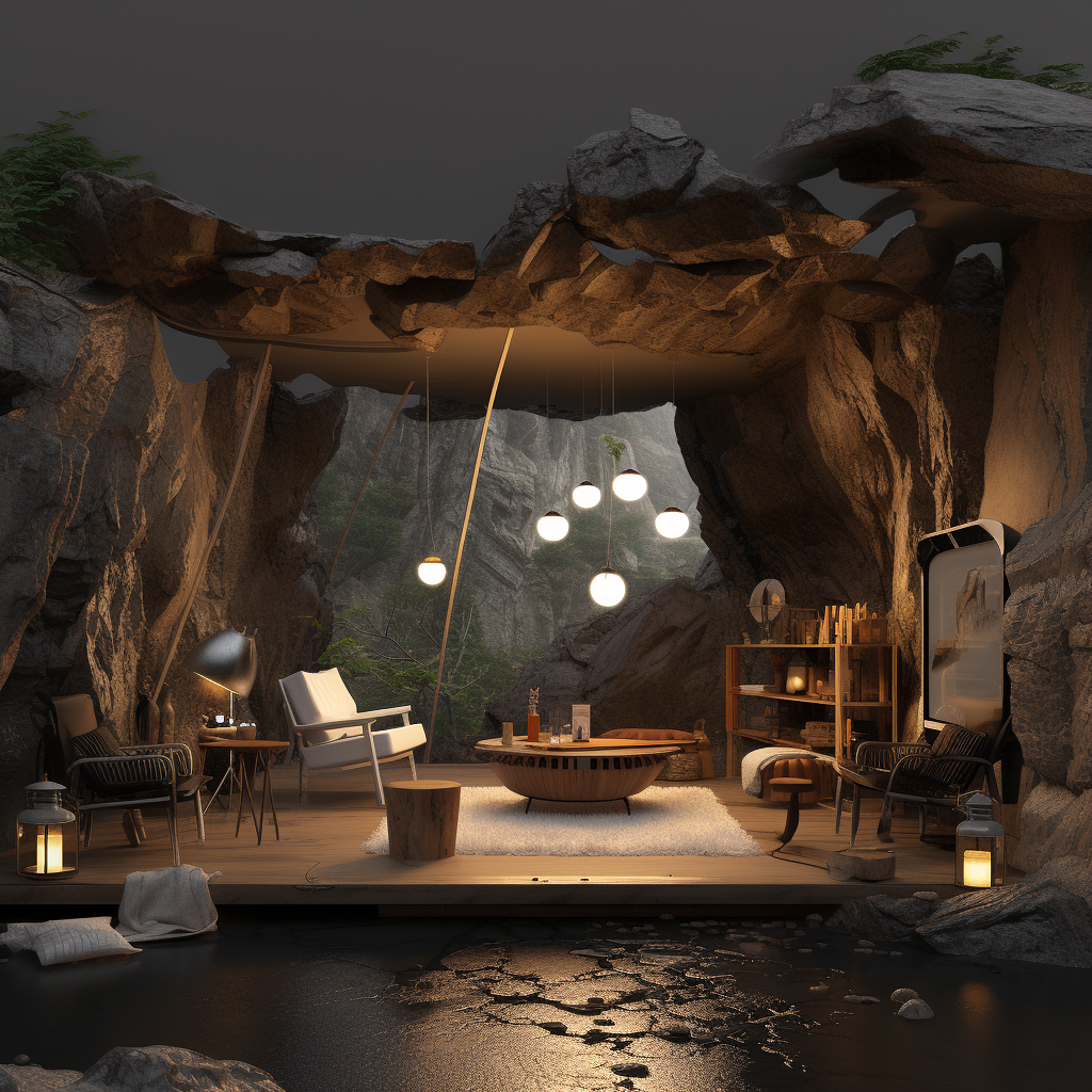 Cozy cave with fire lanterns