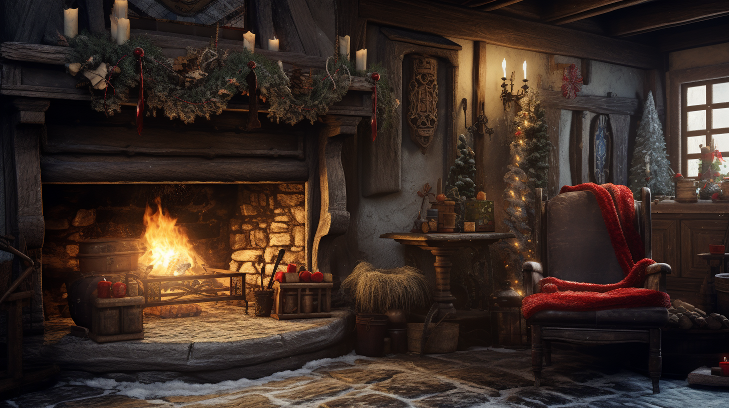 Interior of cozy medieval cottage at Christmas