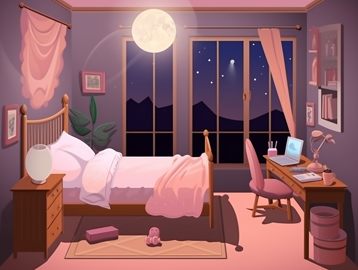 Illustration of a cozy girl bedroom at night