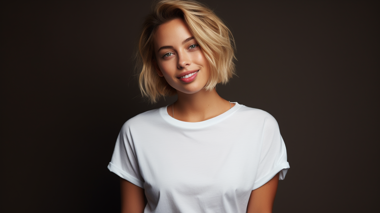 Blonde model in cozy white tee shirt