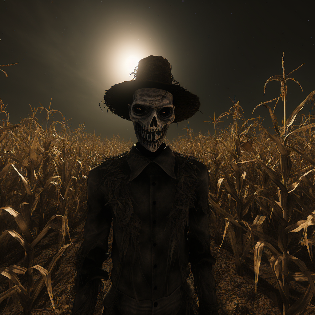 Scary scarecrow in cornfield