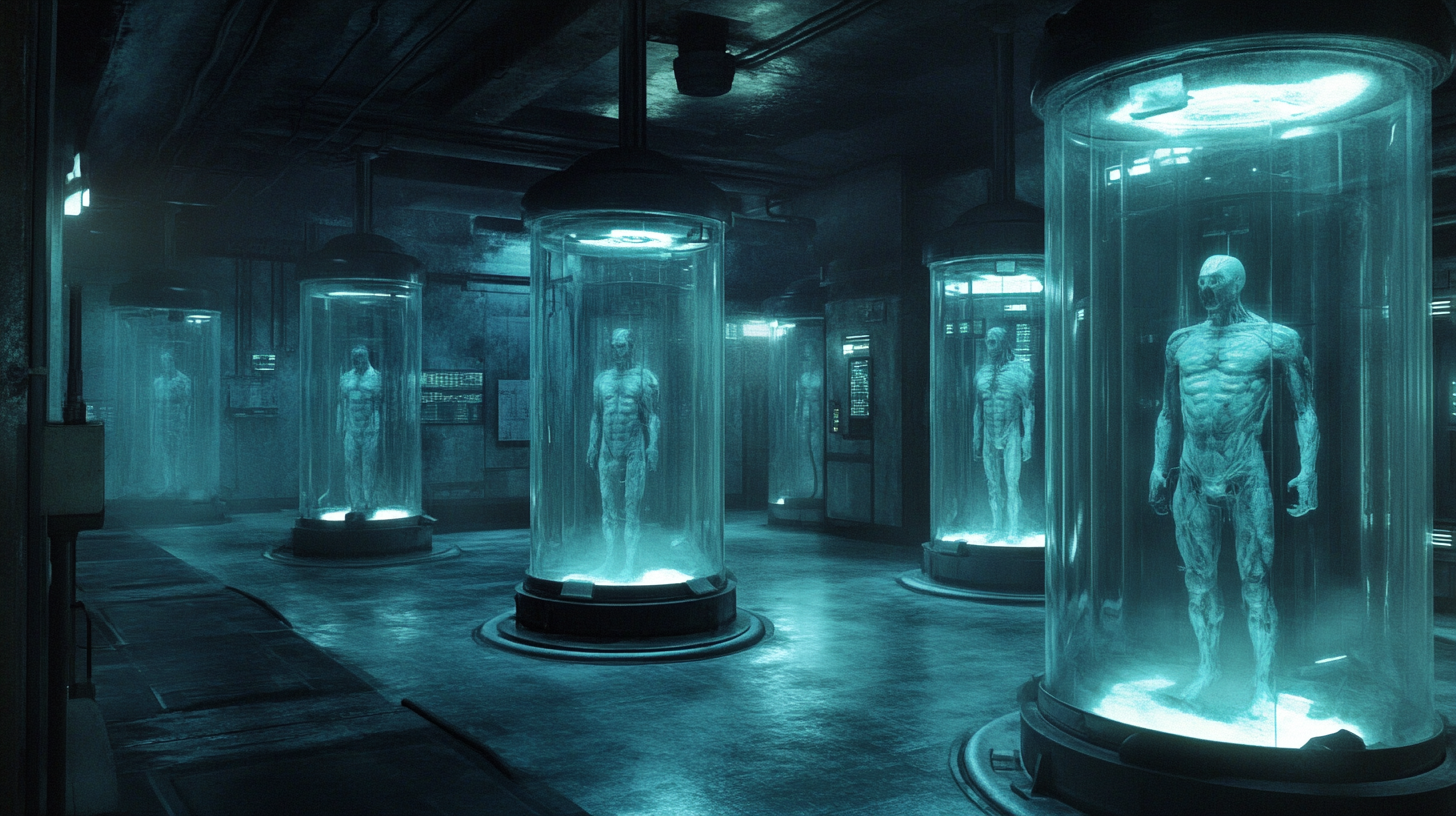 creepy lab with human experiments in cryogenic containers.