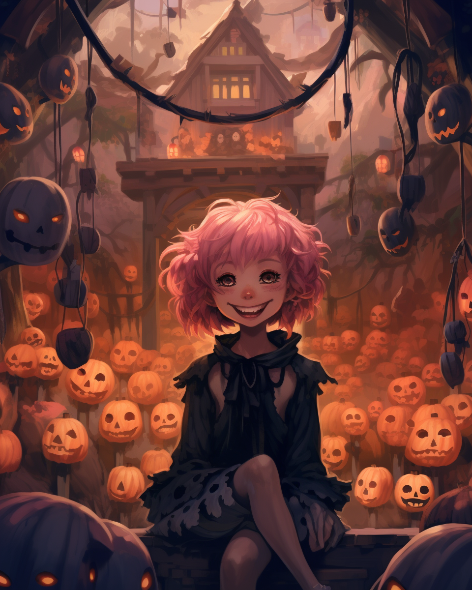 Creepy witch smiling inside creepy house