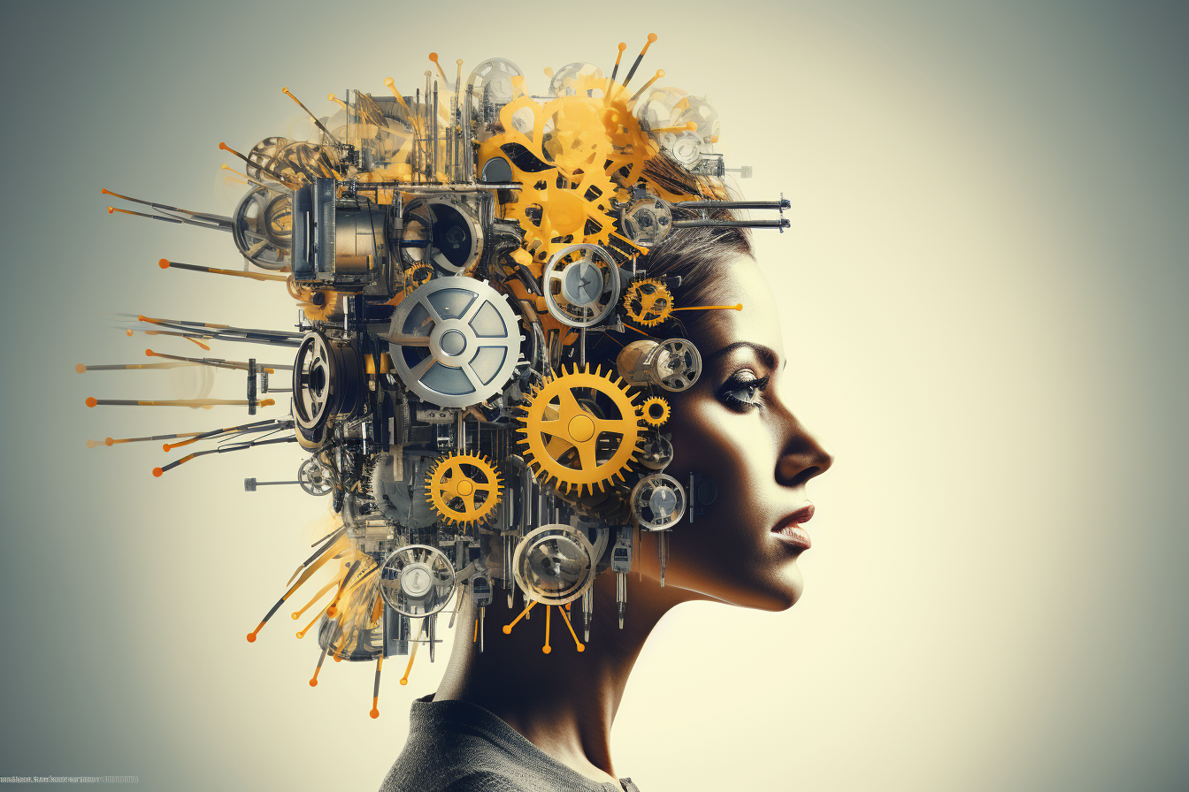 Woman deeply thinking with gears and arrows