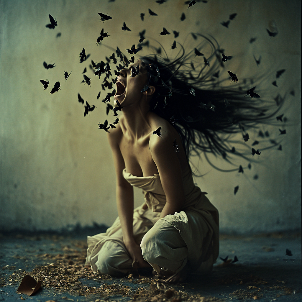 Crouching woman screaming with moths and butterflies