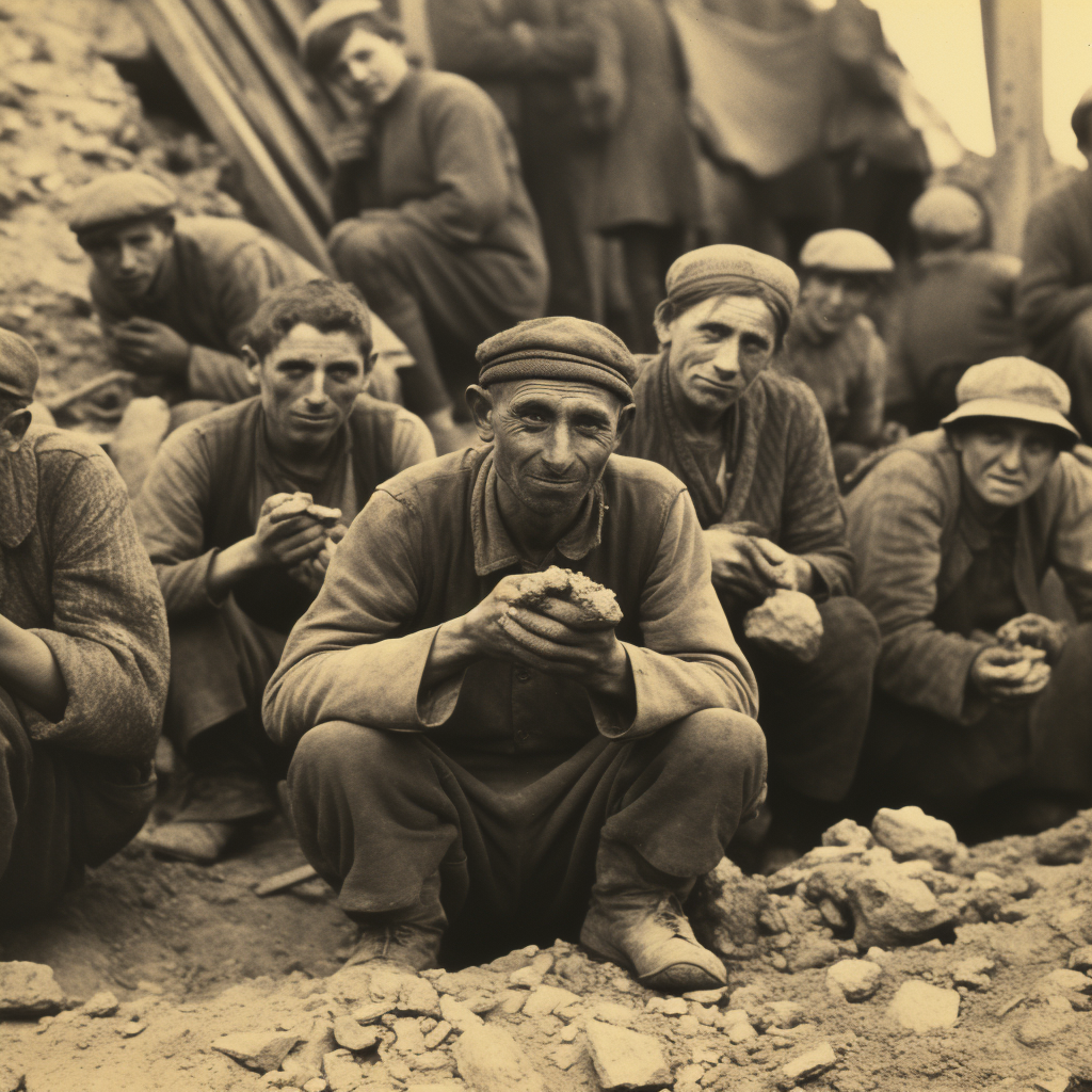 People eating bread in crowded conditions