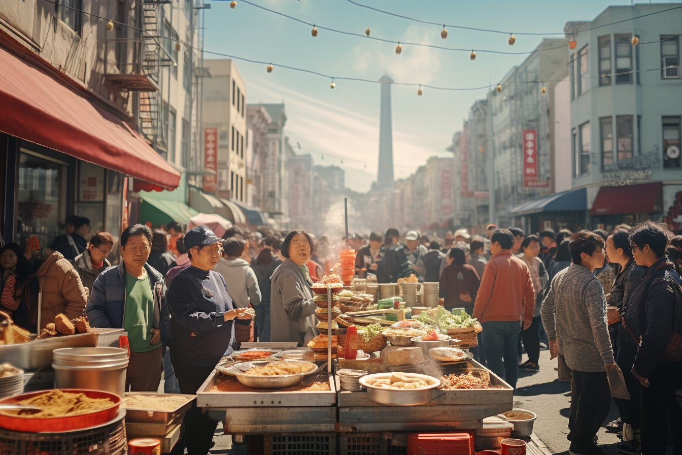 Diverse crowd enjoying street market delicacies