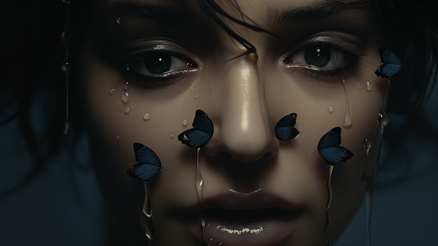 Woman crying butterfly tears in sadness