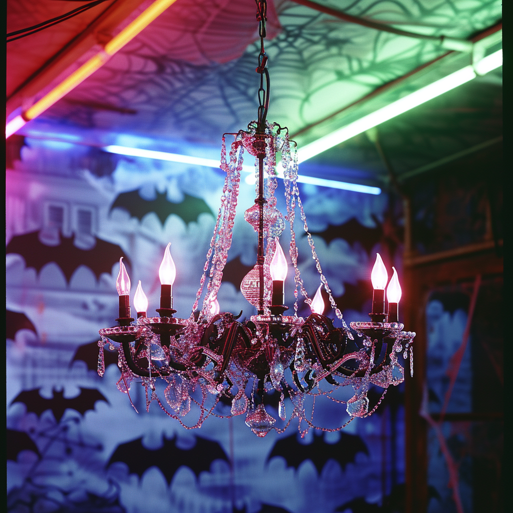 Colorful crystal bat chandelier with neon glow