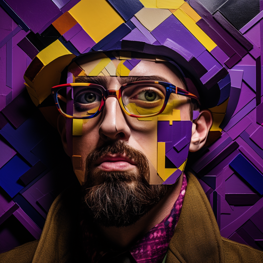 Vibrant cubist art with purple and yellow color scheme