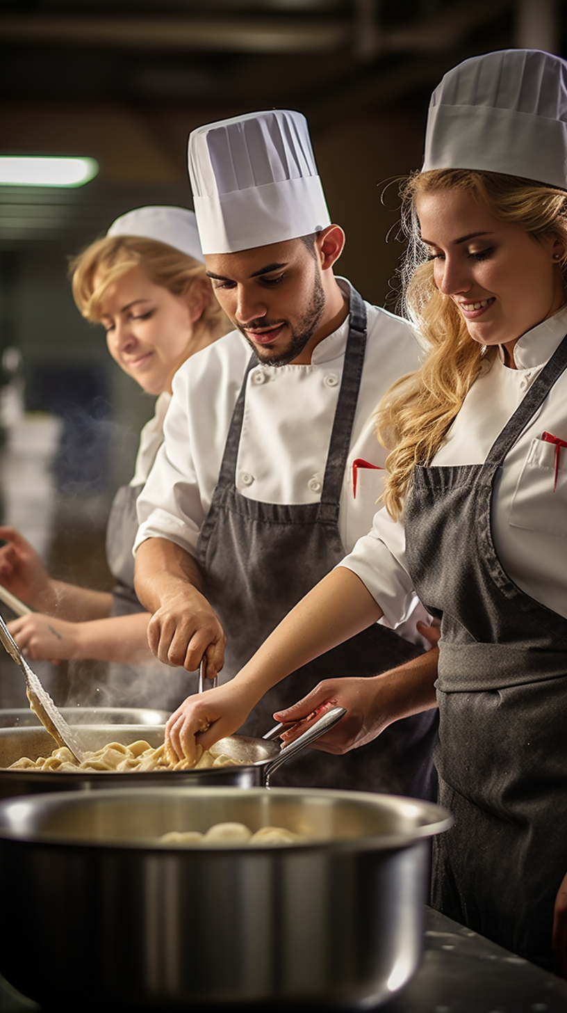 Young culinary students practicing cooking techniques