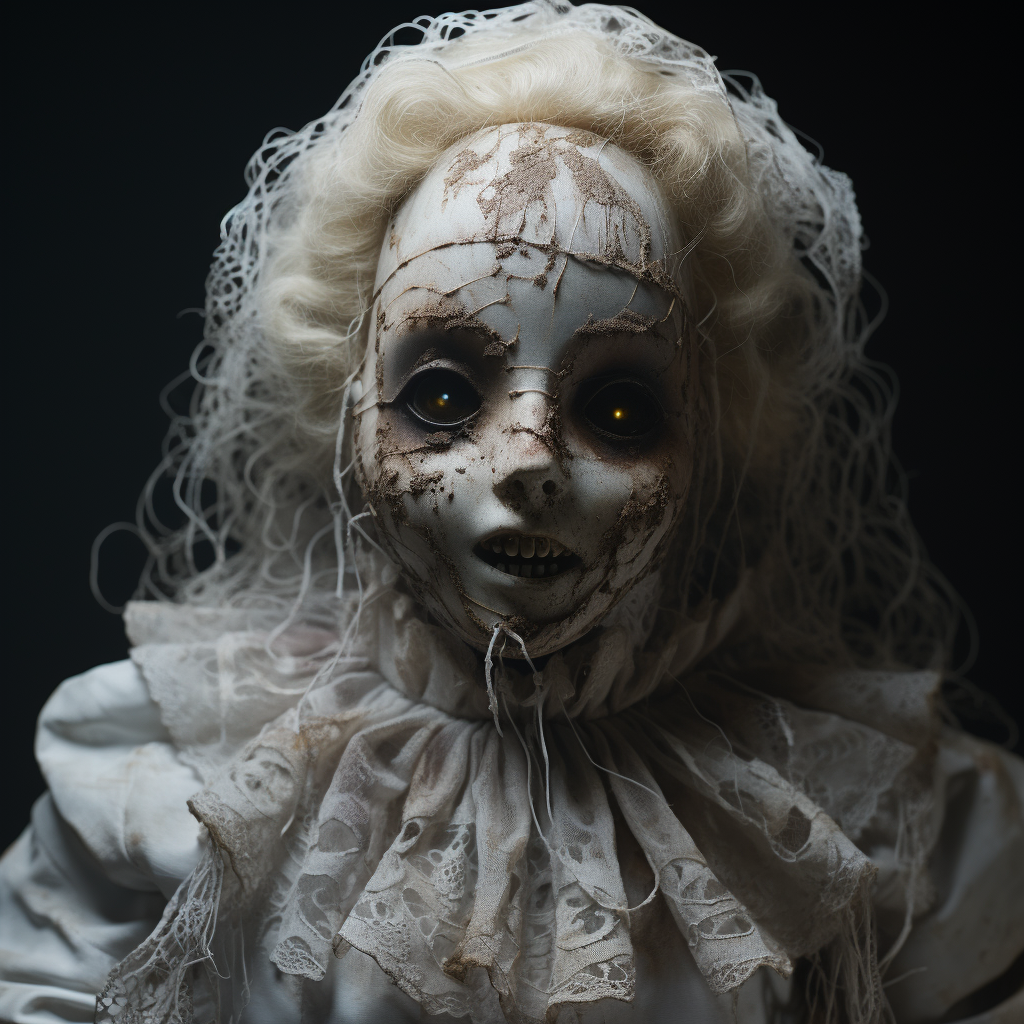 Photo of a cursed doll on white background