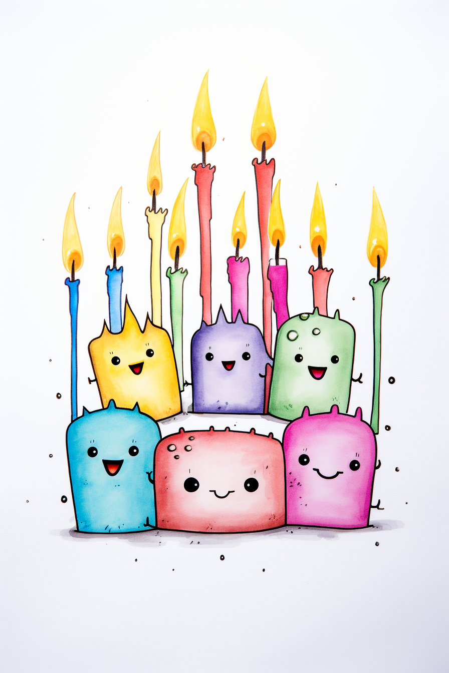 Anthropomorphic birthday candles on colorful white background