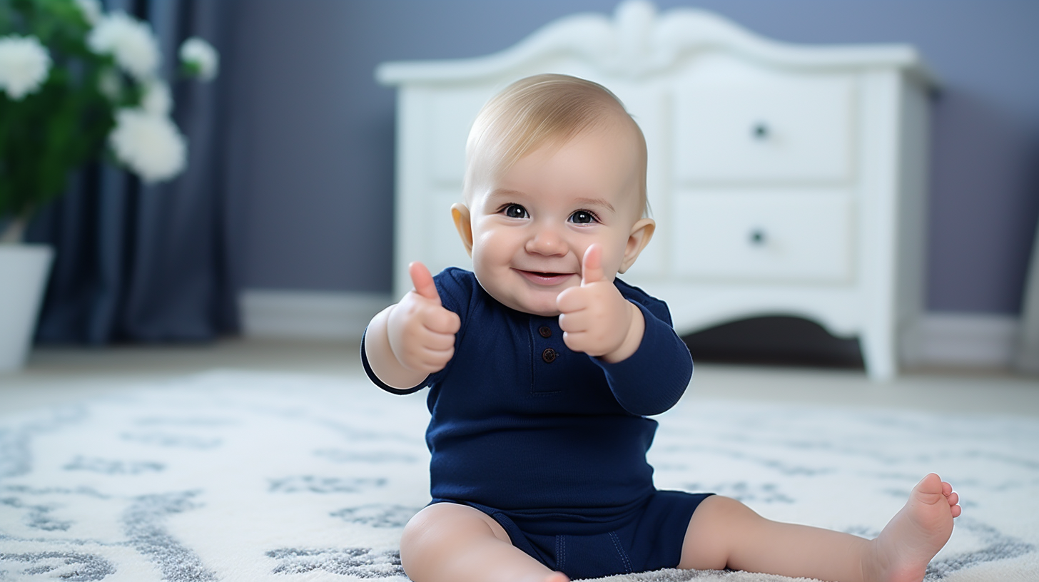 Happy baby crawling on cream carpet