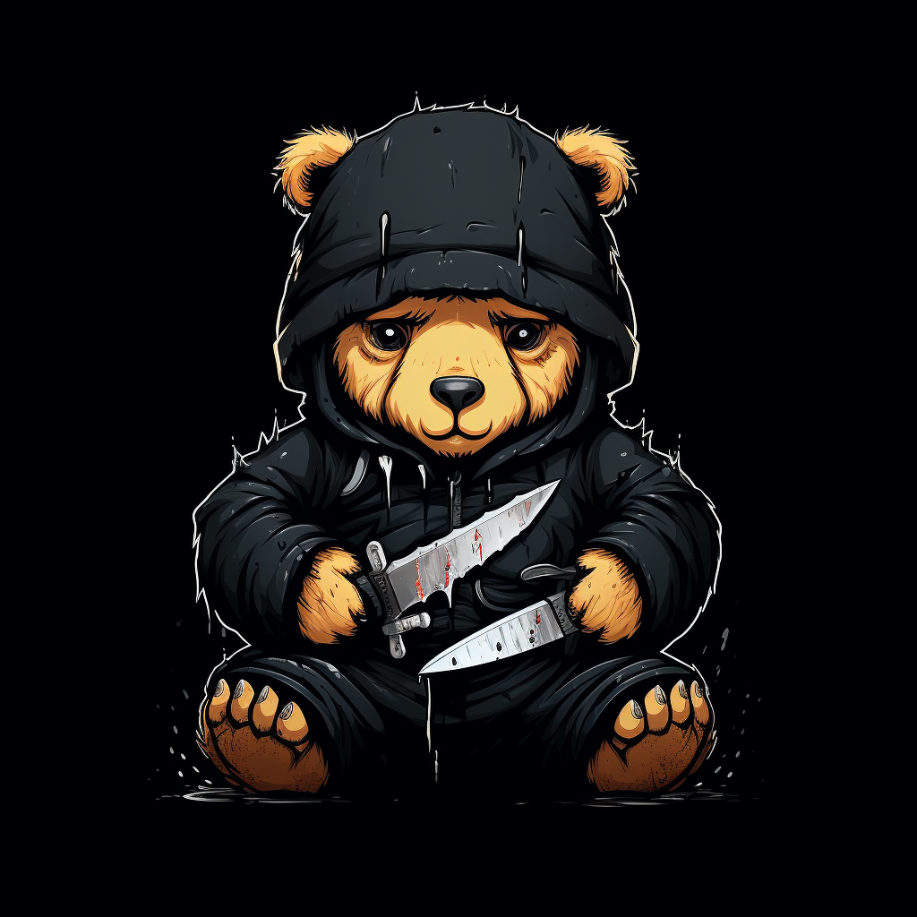 Illustration of tired, excited bear holding knife