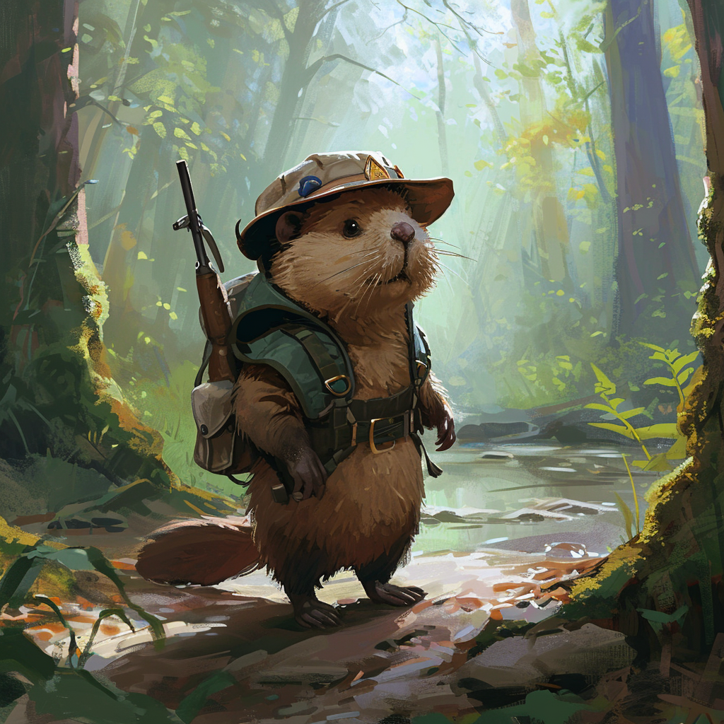 Cute beaver wearing ranger outfit in forest