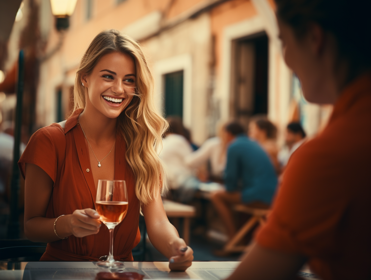 Blond girl ordering wine at Italian old town