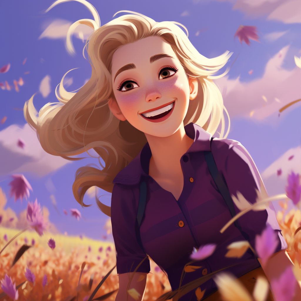 Blonde with Freckles Flying over Lilac Field