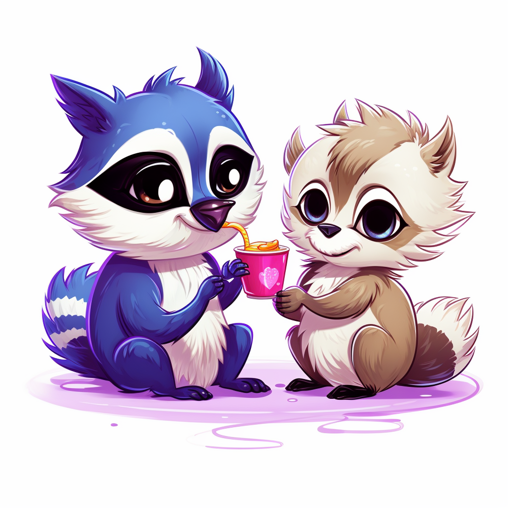 Cute bluejay and raccoon cartoon drinking purple juice