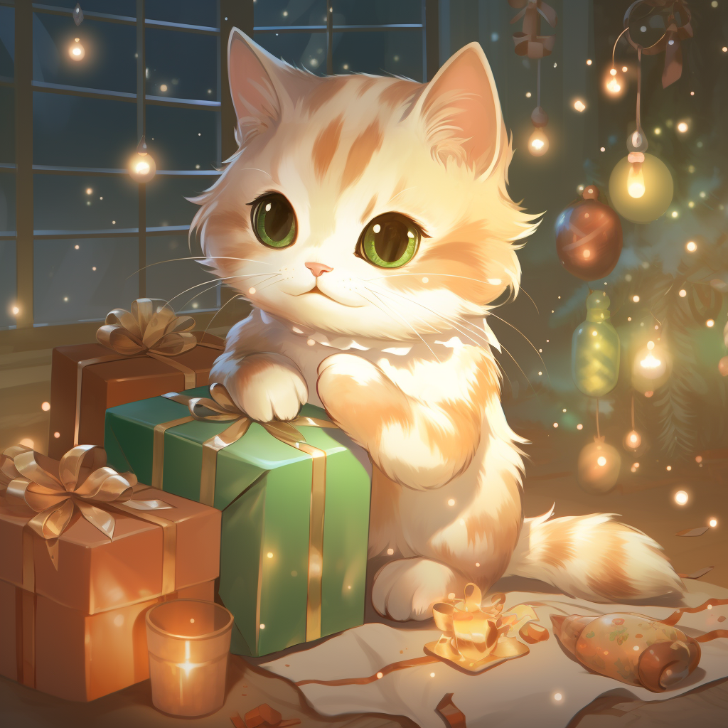 Adorable anime cat opening presents on Christmas day