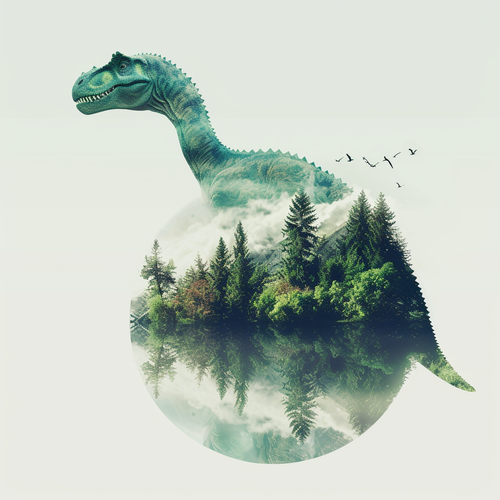 Cute dinosaurs with double exposure in Earth