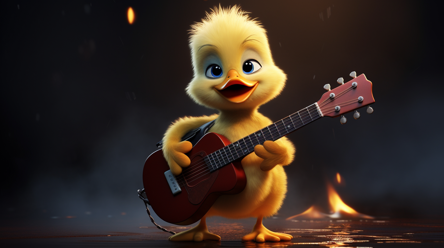 Adorable duckling playing a small guitar