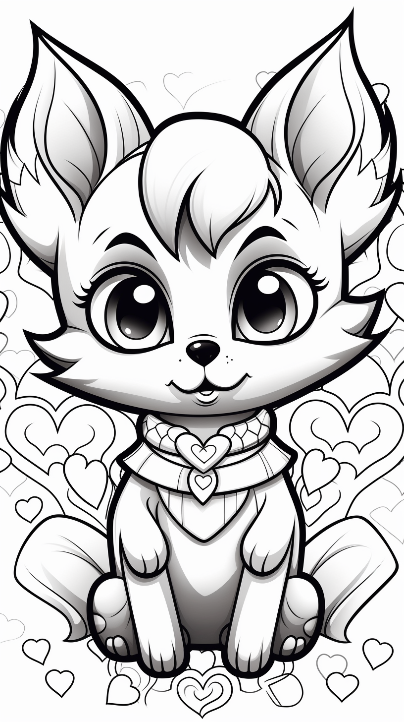 Cute fox with hearts on a coloring book page