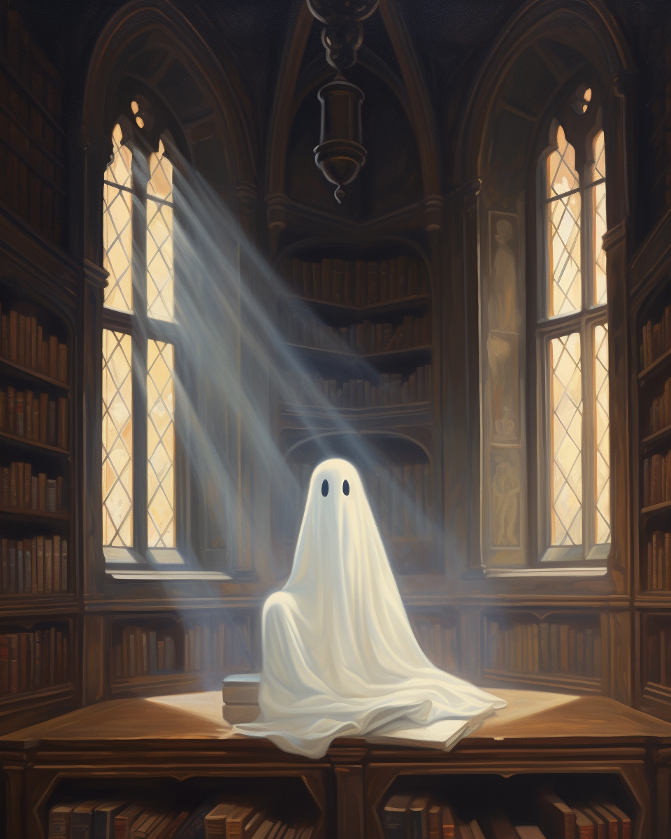 Cute ghost in old library