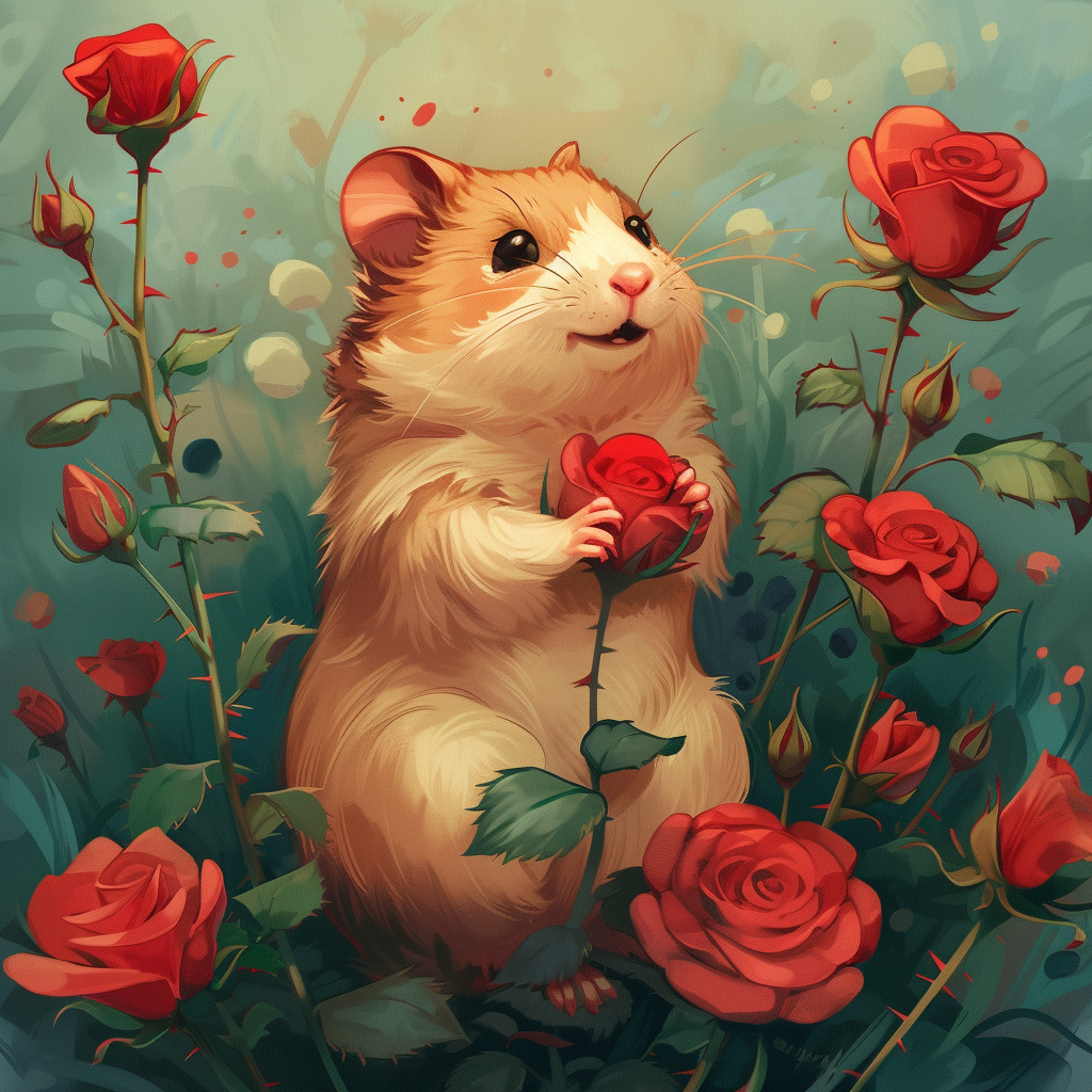 Cute hamster in garden with red rose