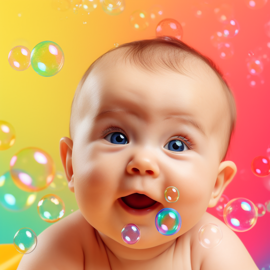 Joyful baby surrounded by colorful bubbles