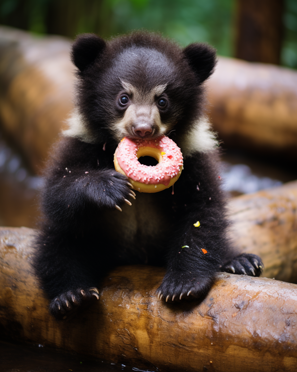 Baby bear enjoying donut balls in Kauai jungle