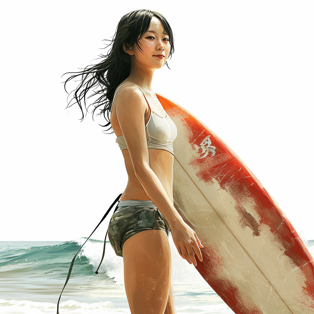 Cute Japanese woman surfing with surfboard