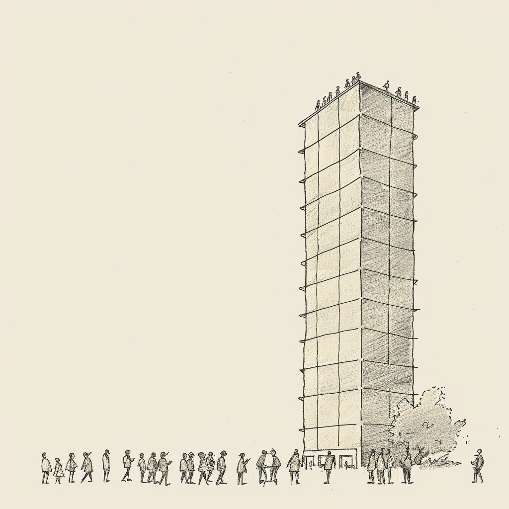 Hand-drawn illustration people tall building