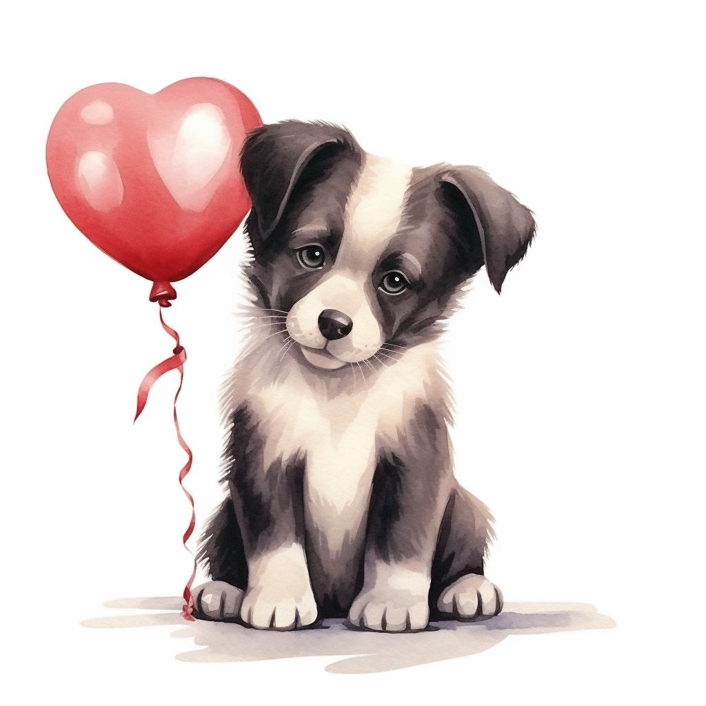 A sweet black Labrador holds a heart balloon