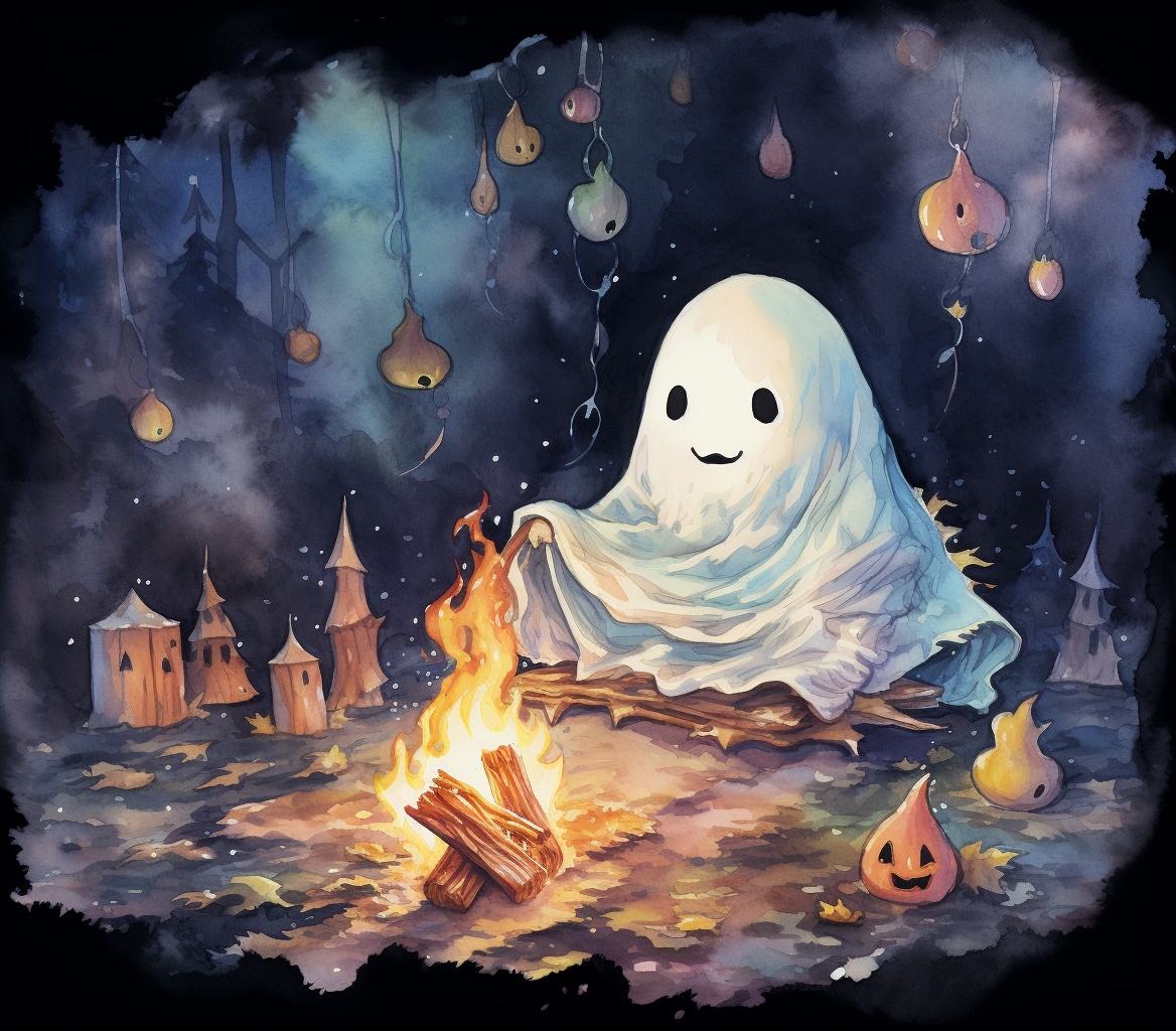 Cute sheet ghost sitting at campfire