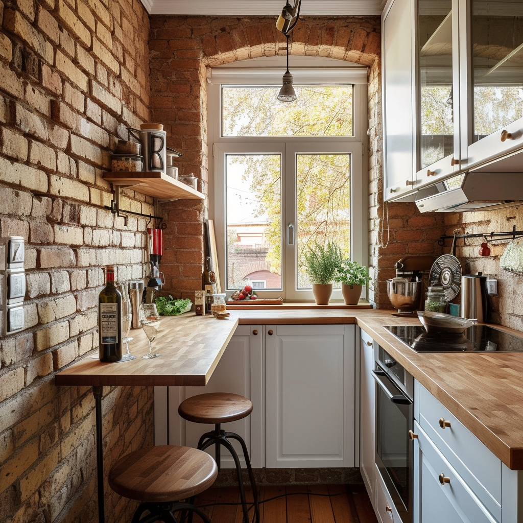 Cute small kitchen with brick walls and window