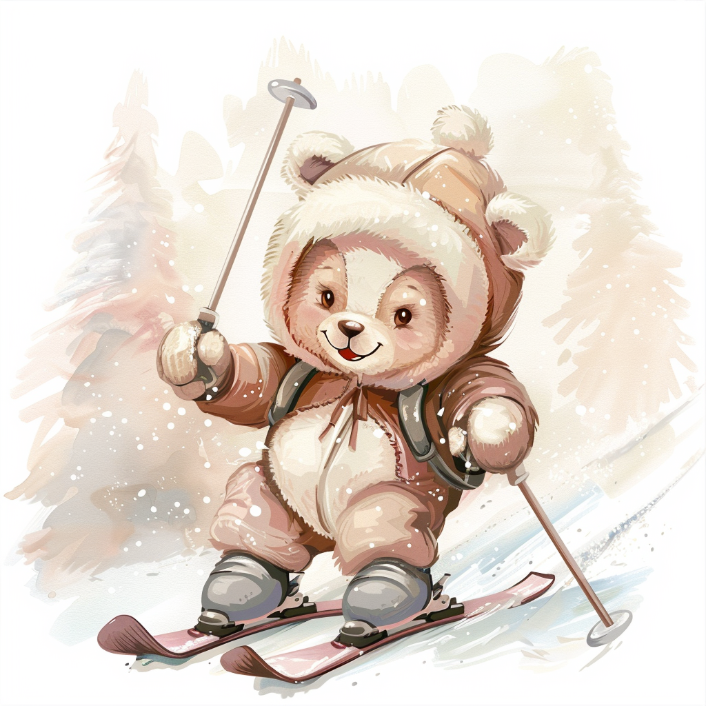 Smiling teddy bear skiing